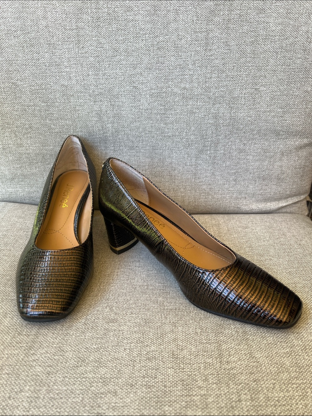 J.Renee Brown and Black Croc-Embossed Block Heel Pumps